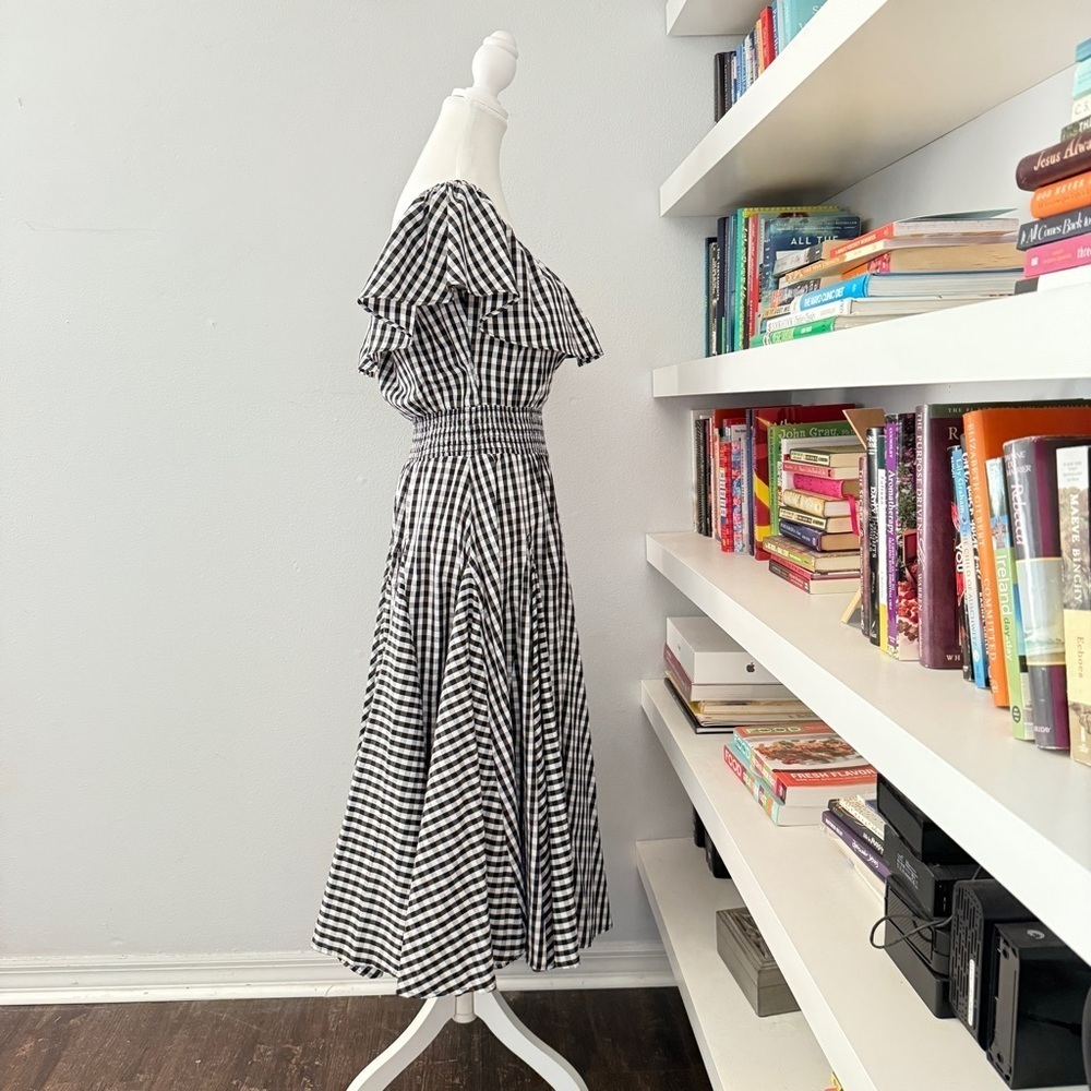 Chelsea & Theodore Black & White Gingham Off the Shoulder Midi Dress P Medium - Picture 6 of 11
